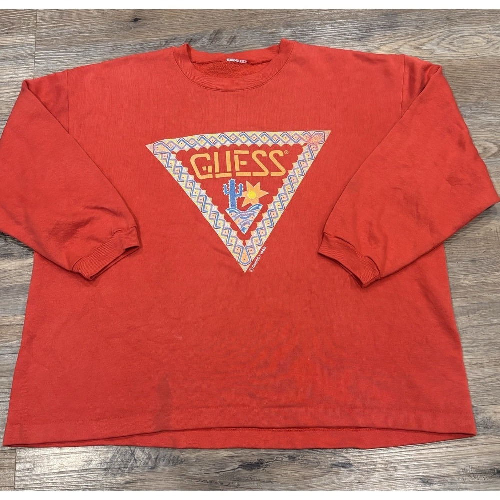 Vintage GUESS Sweatshirt 90s Y2K Triangle Southwest‎ Logo Red Boxy Crop Fits M/L - Picture 6 of 11